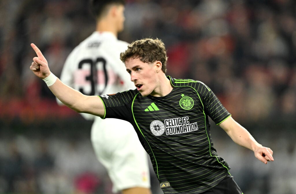 Luke McCowan of Celtic celebrates scoring his team's first goal the UEFA Europa League 2025/26 Knockout Play-off Second Leg match between VfB Stuttgart and Celtic FC