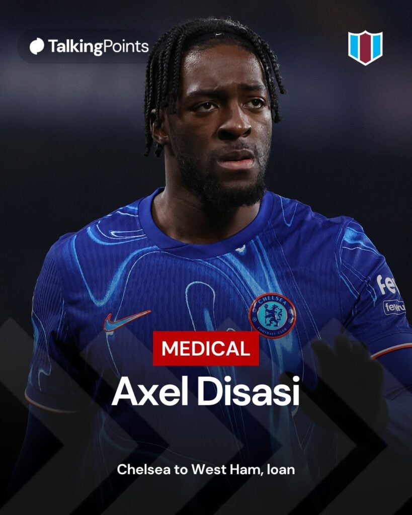 A graphic showing Axel Disasi being set for a medical at West Ham ahead of a loan move from Chelsea.