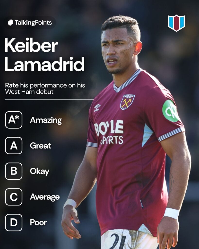 A graphic asking West Ham United fans to grade Keiber Lamadrid's performance on his West Ham United debut.