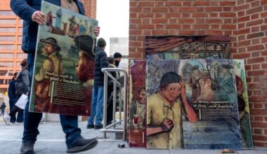Workers remove display panels about slavery at the President’s House site in Independence National Historical Park Jan. 22, 2026.  A federal judge ordered the panels restored Monday.