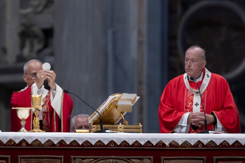 VATICAN - 2025/06/29: Pope Leo XIV concelebrates with Cardinal Walter McElroy the Eucharistic celebration on the solemnity of Saints Peter and Paul with the blessing and imposition of the pallia to the new metropolitan archbishops, at St. Peter's Basilica. (Photo by Maria Grazia Picciarella/SOPA Images/LightRocket via Getty Images)