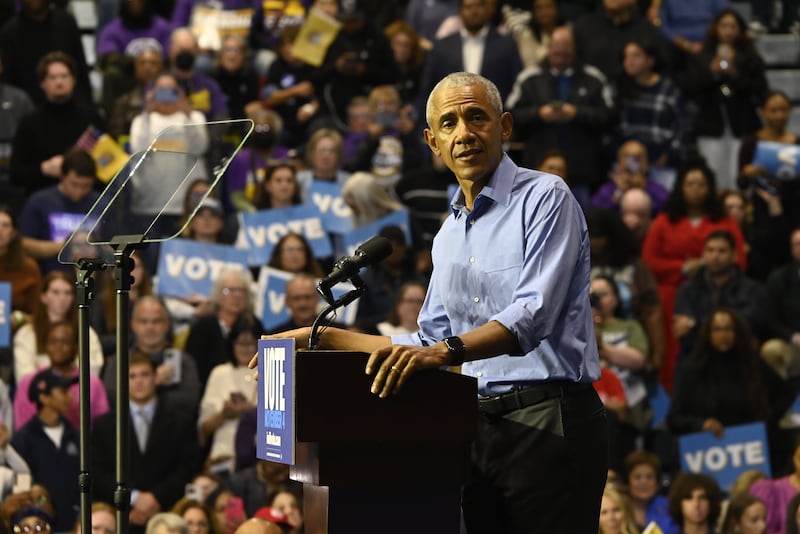 Former President of the United States Barack Obama and New Jersey Democratic gubernatorial candidate for Governor Mikie Sherrill attend 'Get out the vote' rally at the Essex County College gymnasium in Newark, New Jersey, United States on November 1, 2025.