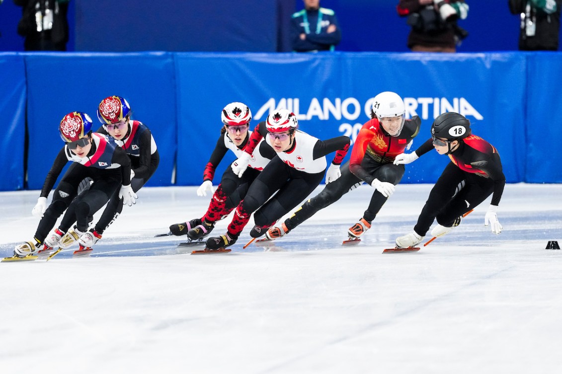 Team Canada’s Florence Brunelle and Courtney Sarualt compete in Short Track speed skating