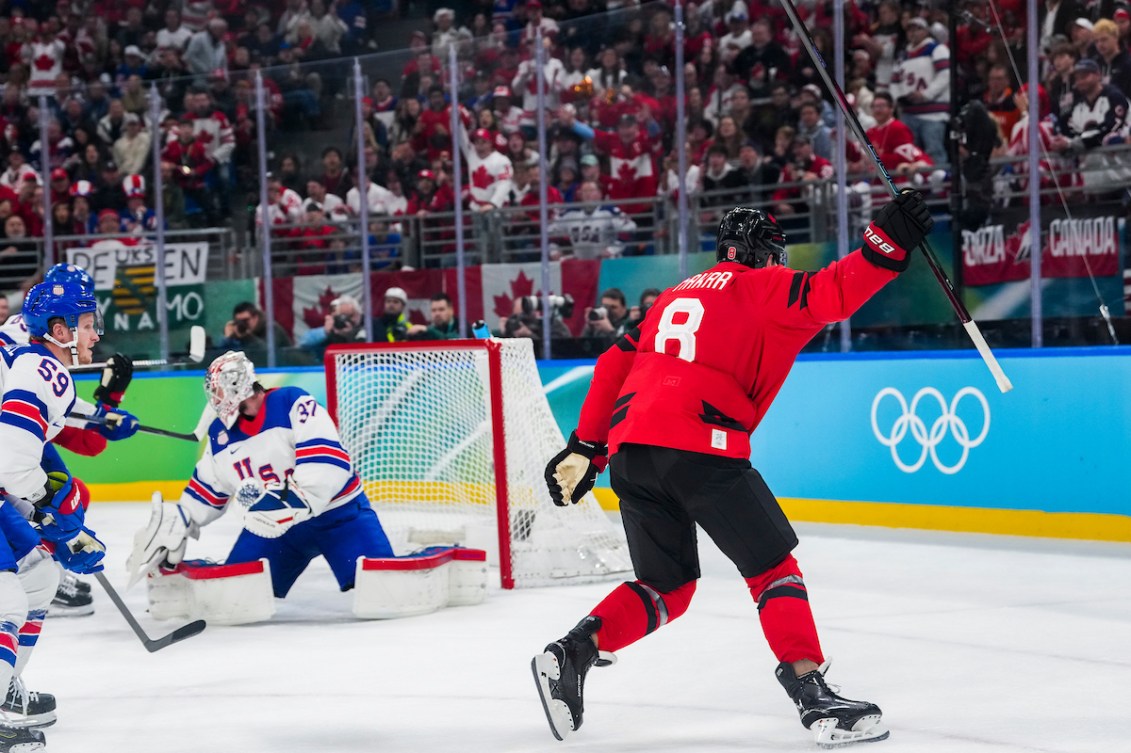 Cale Makar celebrates scoring a goal