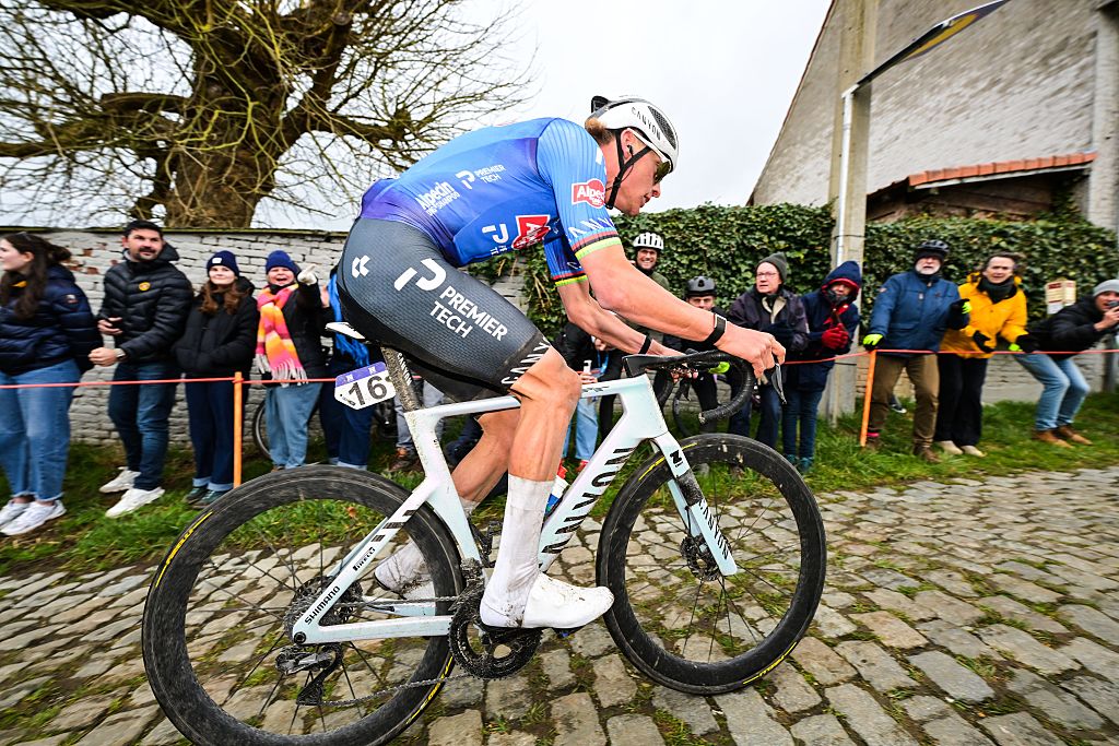 Netherlands' Mathieu van der Poel of Alpecin-Premier Tech pictured in action on the Molenberg during the 81st edition of the men's one-day cycling race Omloop Het Nieuwsblad (UCI World Tour), the opening race of the Flemish one-day classics season, 207,6 km from Gent to Ninove, Saturday 28 February 2026. BELGA PHOTO DAVID PINTENS (Photo by DAVID PINTENS / BELGA MAG / Belga via AFP)