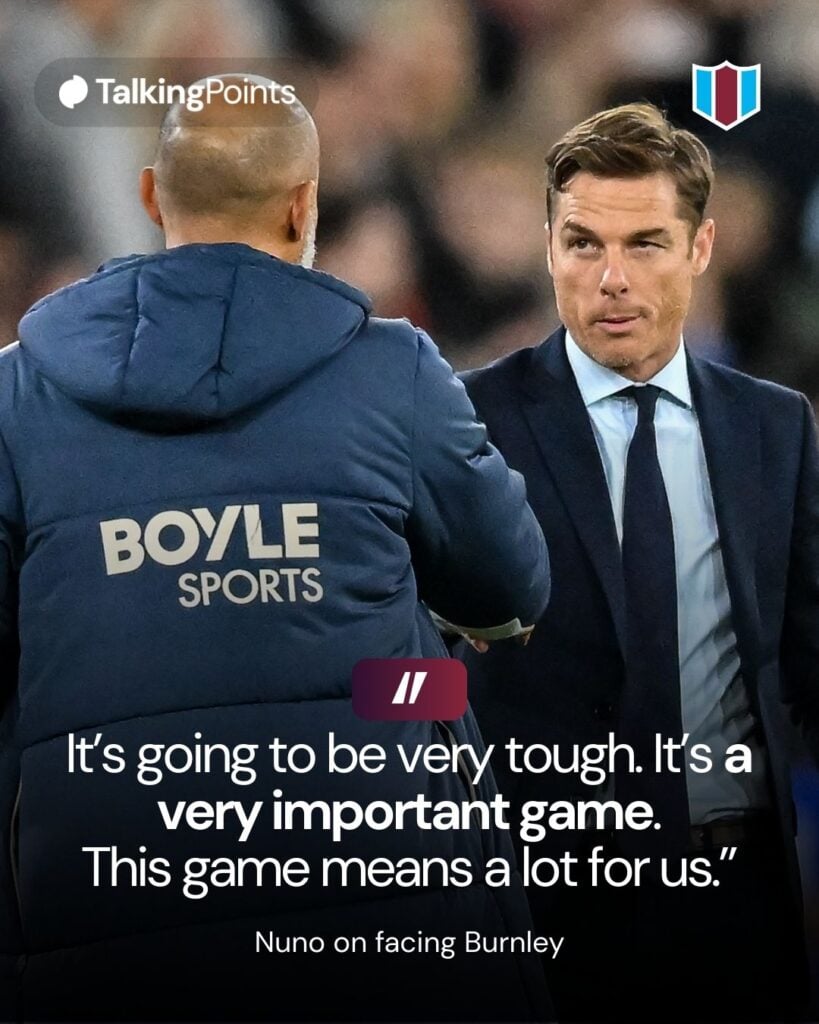 Manager Nuno Espirito Santo, the manager of West Ham, shakes hands with Manager Scott Parker, the manager of Burnley, after the final whistle during the Premier League match between West Ham United and Burnley at the London Stadium in Stratford, England, on November 8, 2025.