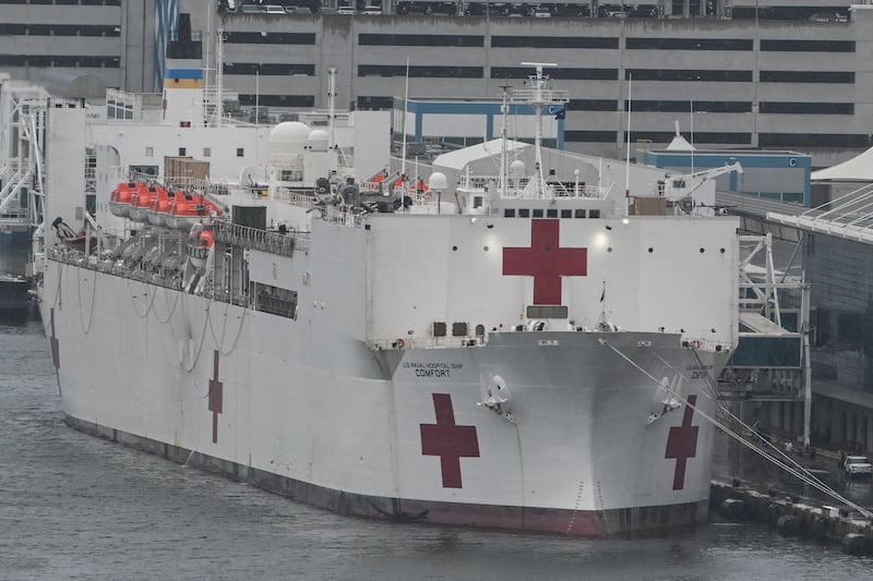 The US Navy hospital ship USNS Comfort is docked at the Port of Miami, Biscayne Bay, Miami, Florida on June 3, 2025.