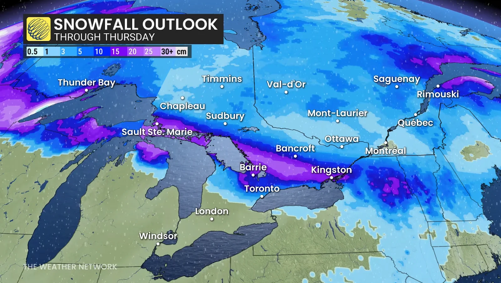 Ontario snowfall outlook through Thursday