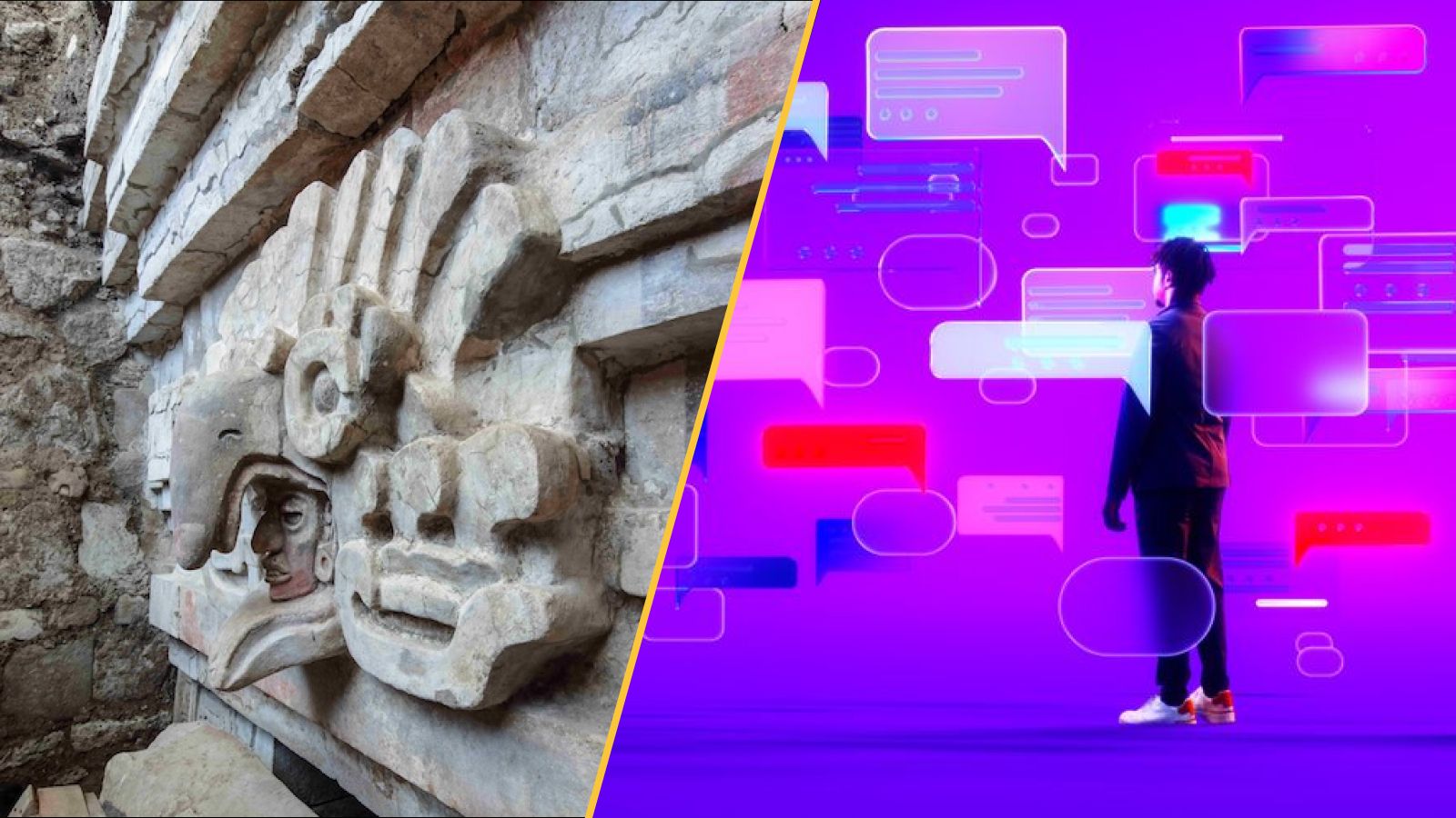 On the left is an image of a Zapotec tomb engraving. On the right a man stands among floating virtual text bubbles.