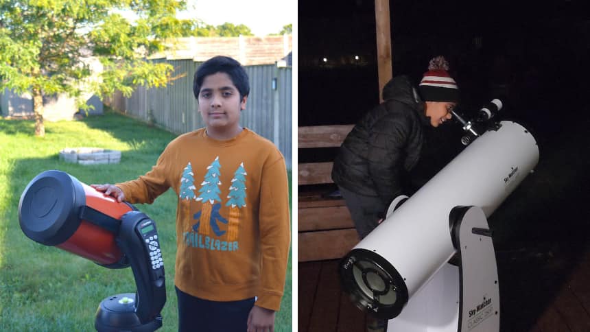 Two images of a boy with telescopes.