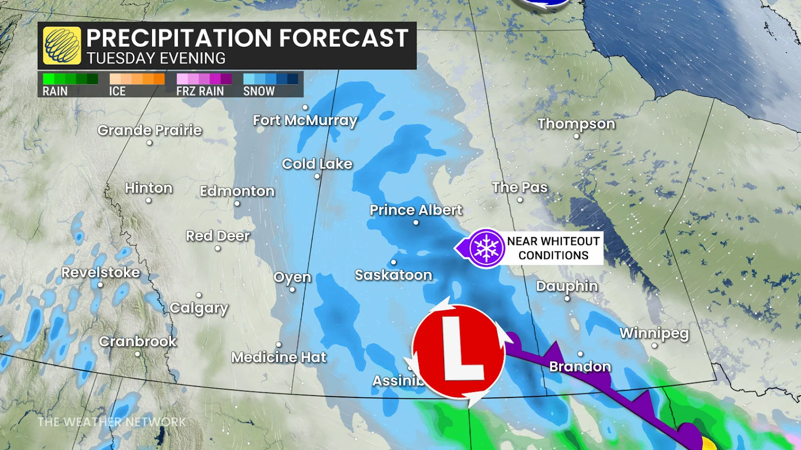 Prairies precipitation forecast Tuesday evening
