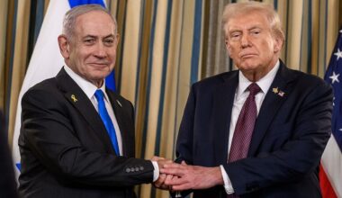 President Donald Trump and Israeli Prime Minister Benjamin Netanyahu shake hands after joint press conference announcing the U.S. peace plan for Gaza, Monday, September 29, 2025, in the State Dining Room of the White House. (Official White House Photo by Joyce N. Boghosian)