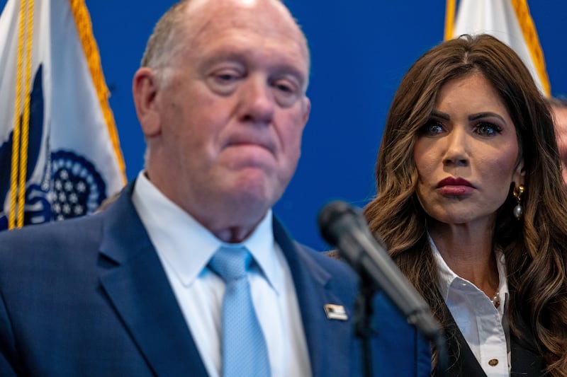 Border czar Tom Homan joins Homeland Security Secretary Kristi Noem at a news conference in New York on July 21, 2025 in New York City.