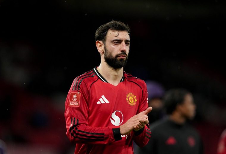 Manchester United's Bruno Fernandes at the final whistle after the Emirates FA Cup third round match at Old Trafford, Manchester. Picture date: Sunday January 11, 2026. PA Photo. Photo credit should read: Martin Rickett/PA Wire. RESTRICTIONS: EDITORIAL USE ONLY No use with unauthorised audio, video, data, fixture lists, club/league logos or "live" services. Online in-match use limited to 120 images, no video emulation. No use in betting, games or single club/league/player publications.