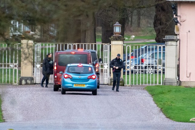 Mandatory Credit: Photo by Maureen McLean/Shutterstock (16692580b) Unmarked police vehicles from Thames Valley Police arriving at the gates to Royal Lodge in Windsor Great Park at the former home of Andrew Mountbatten-Windsor early this morning. Thames Valley Police are continuing their search of Royal Lodge following Andrew Mountbatten-Windsor's arrest in relation to suspicion of Misconduct in Public Office following his association with convicted sex offender Jeffrey Epstein. It has also been reported that the Government are considering passing legislation to remove Andrew Mountbatten-Windsor from the eighth in line of succession in the British Royal Family Andrew Mountbatten-Windsor Arrest, Police Investigation, Royal Lodge, Windsor, Berkshire, UK - 23 Feb 2026
