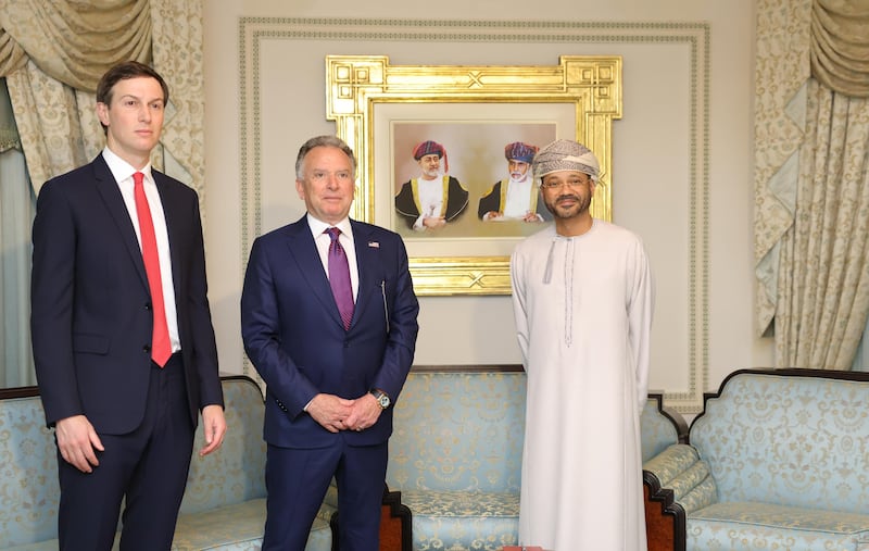 Omani Foreign Minister Sayyid Badr Hamad Al Busaidi, US President Donald Trump's Special Representative for the Middle East, Steve Witkoff and U.S. negotiator Jared Kushner meet ahead of the US-Iran talks, in Muscat, the capital of Oman, on February 06, 2026.