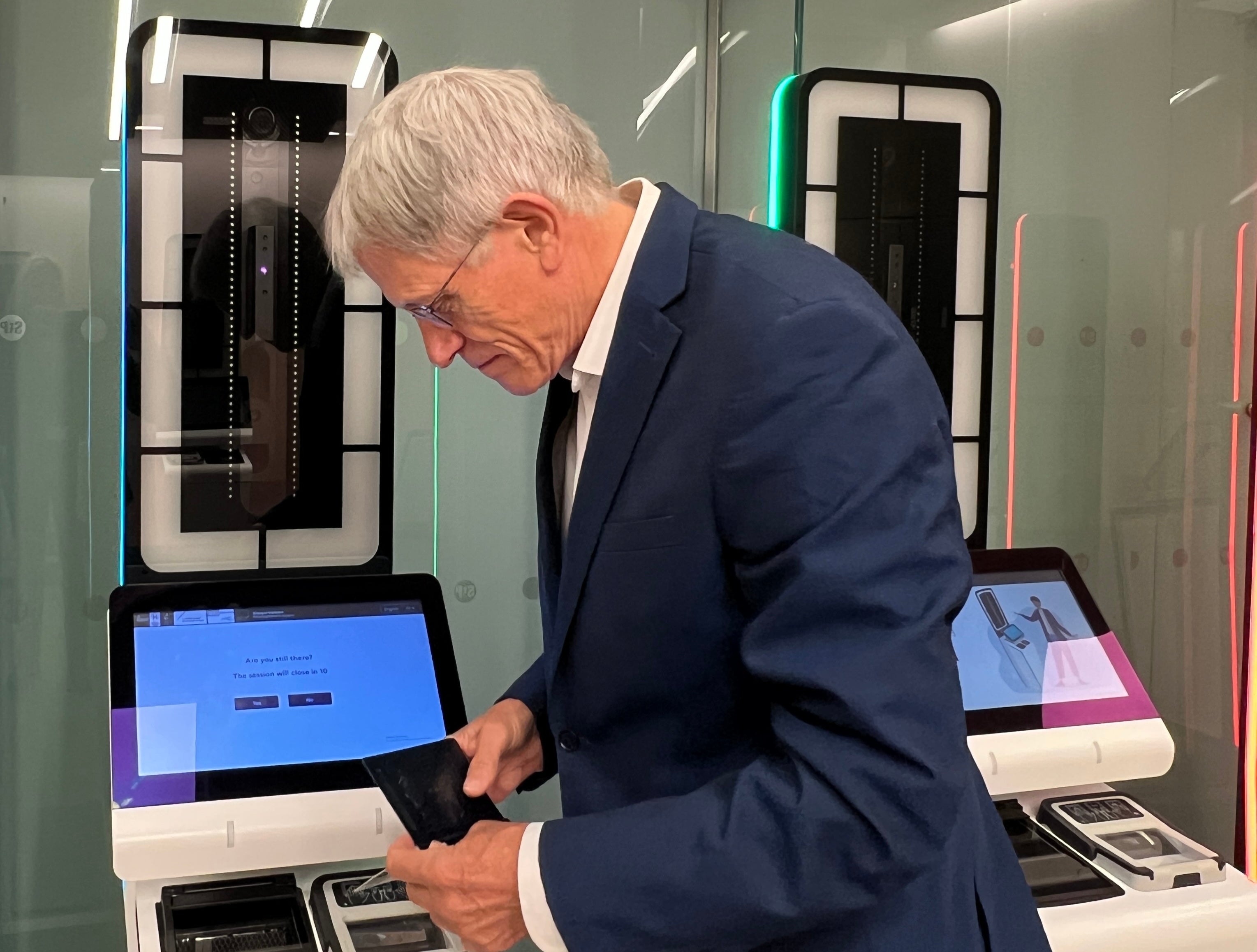 Simon Calder at entry-exit system kiosk at London St Pancras International