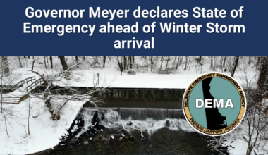 Governor Meyer declares State of Emergency ahead of Winter Storm arrival overlayed a winter scene with snow and DEMA logo
