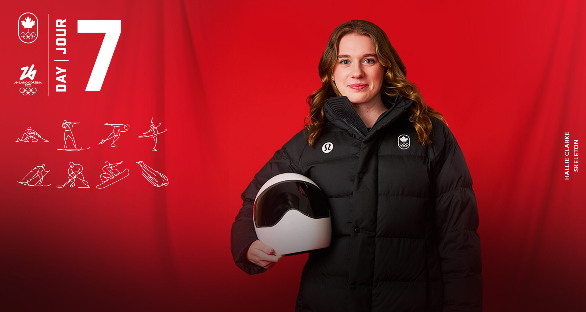 Skeleton athlete Hallie Clarke, holding helmet and smiling for photo.