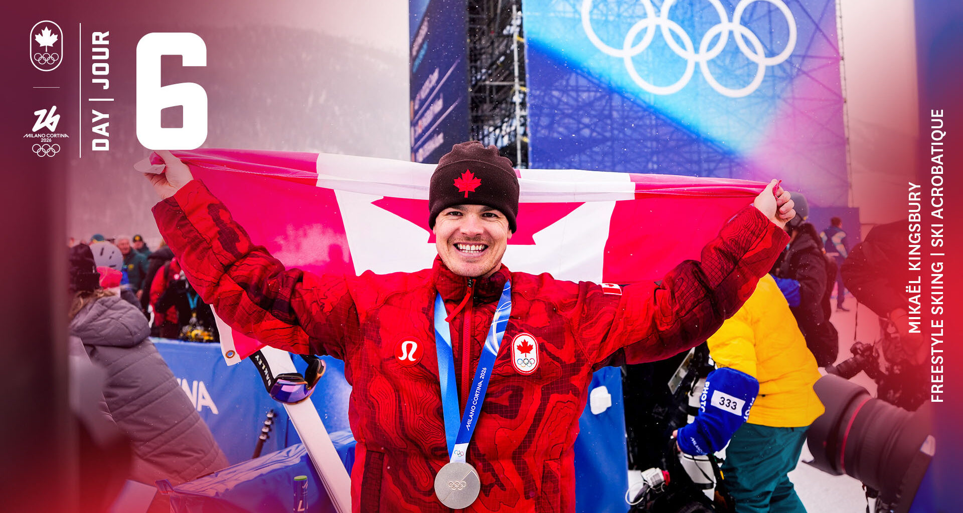 Team Canada’s Mikaël Kingsbury celebrates after winning a silver medal in freestyle ski moguls at the Milano Cortina 2026 Olympic Winter Games.