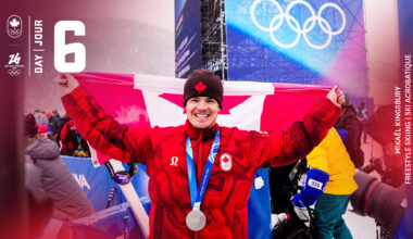 Team Canada’s Mikaël Kingsbury celebrates after winning a silver medal in freestyle ski moguls at the Milano Cortina 2026 Olympic Winter Games.