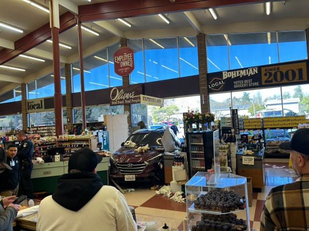 This photo shared with The Press Democrat shows the scene from inside Oliver's Market on Montecito Boulevard on Friday, Feb. 13, 2026, after a vehicle crashed through the front of the store in east Santa Rosa. (submitted photo)