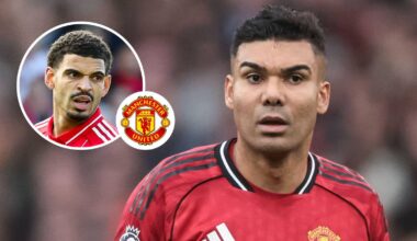 Nottingham Forest midfielder Morgan Gibbs-White, Manchester United badge and Casemiro - copyright TEAMtalk