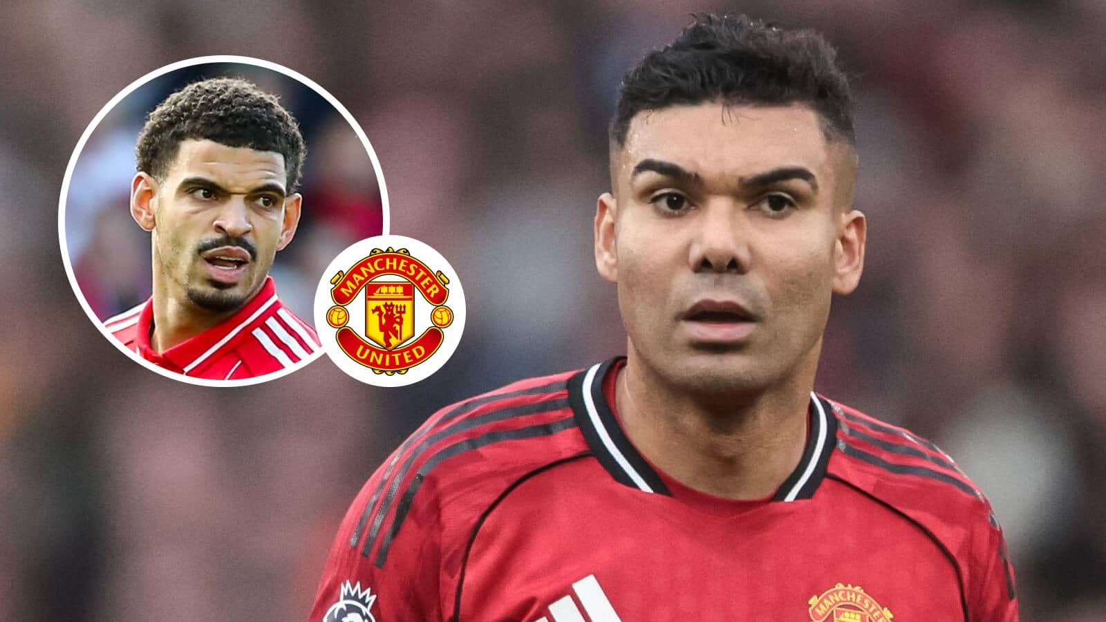 Nottingham Forest midfielder Morgan Gibbs-White, Manchester United badge and Casemiro - copyright TEAMtalk