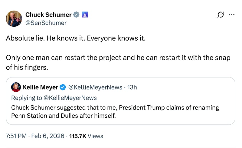 Chuck Schumer slams Donald Trump's "absolute lie" about renaming Dulles Airport and Penn Station in an X post.