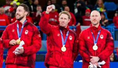Canadian skip Jacobs delivers a message from the podium to his detractors