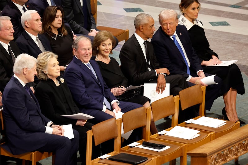 Former U.S. Vice Presidents Al Gore and Mike Pence, Karen Pence, former U.S. President Bill Clinton, former Secretary of State Hillary Clinton, former U.S. President George W. Bush, Laura Bush, former U.S. President Barack Obama, U.S. President-elect Donald Trump and Melania Trump.