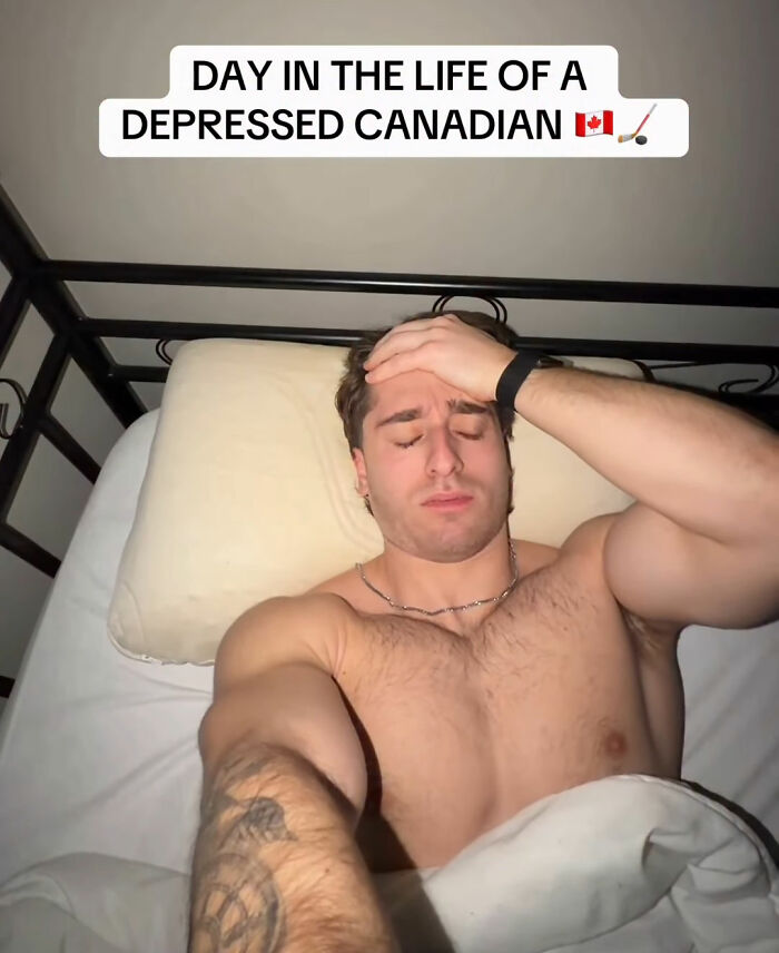 Canadian hockey fan lying in bed looking distressed after bold Olympic bet backfires on USA gold win.