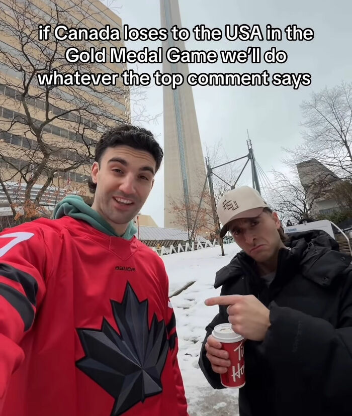 Two Canadian hockey fans making a bold Olympic bet outdoors with a snowy urban background after USA wins gold.