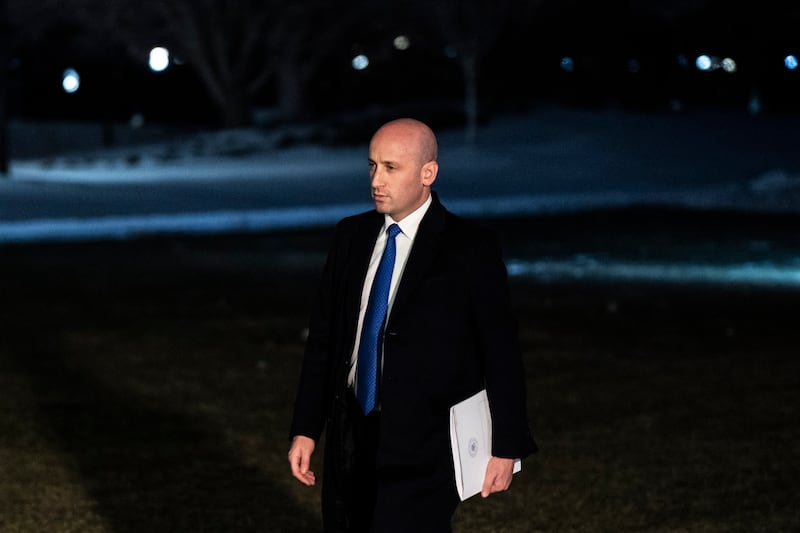 Stephen Miller, deputy White House chief of staff for policy, follows President Donald J Trump as he disembarks Marine One and walks across the South Lawn to the White House as he returns from a trip to Iowa, on Tuesday Jan. 27, 2026, in Washington, DC.