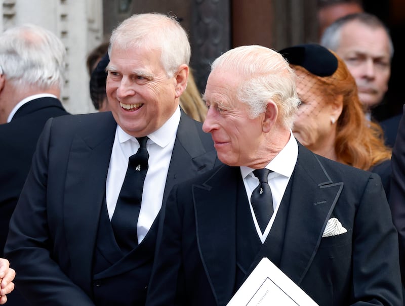 Prince Andrew, Duke of York and King Charles III attend Katharine, Duchess of Kent's Requiem Mass service at Westminster Cathedral on September 16, 2025 in London, England.