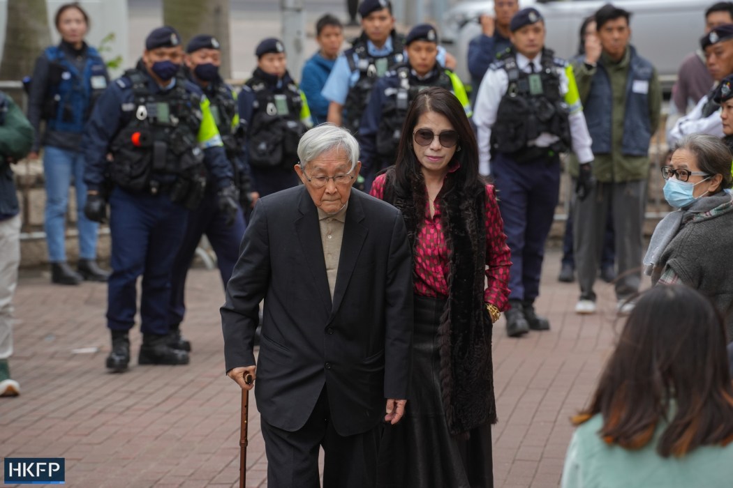 Cardinal Zen and Jimmy Lai's wife Teresa arrive at the West Kowloon Law Courts Building on February 9, 2026, ahead of the sentencing of the pro-democracy media tycoon. Photo: Kyle Lam/HKFP.
