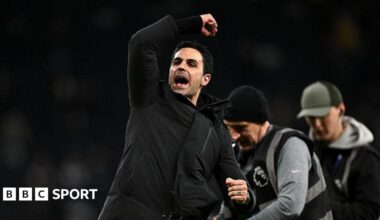Jubilant Arsenal manager Mikel Arteta celebrates in front of their supporters after the north London derby win at Tottenham Hotspur.