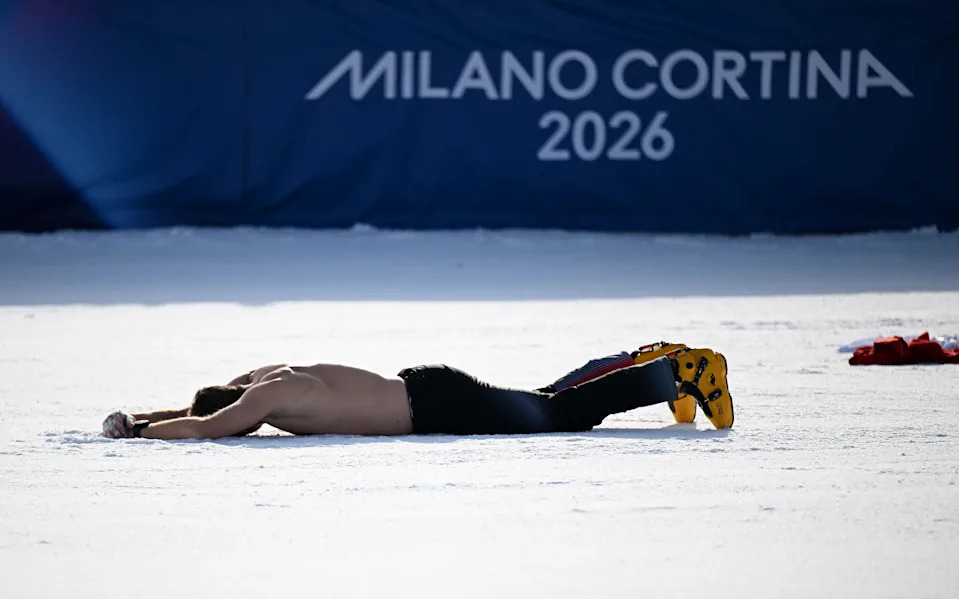 LIVIGNO, ITALY - FEBRUARY 08: Gold medalist Benjamin Karl of Team Austria reacts after winning the Men’s Parallel Giant Slalom Big Final on day two of the Milano Cortina 2026 Winter Olympic games at Livigno Snow Park on February 08, 2026 in Livigno, Italy. (Photo by Hannah Peters/Getty Images)