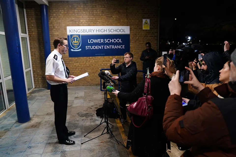 Detective Chief Superintendent Luke Williams speaking to members of the media at Kingsbury High School, north-west London.