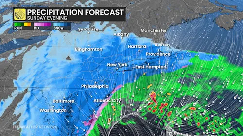 Eastern Seaboard precipitation timing Sunday evening