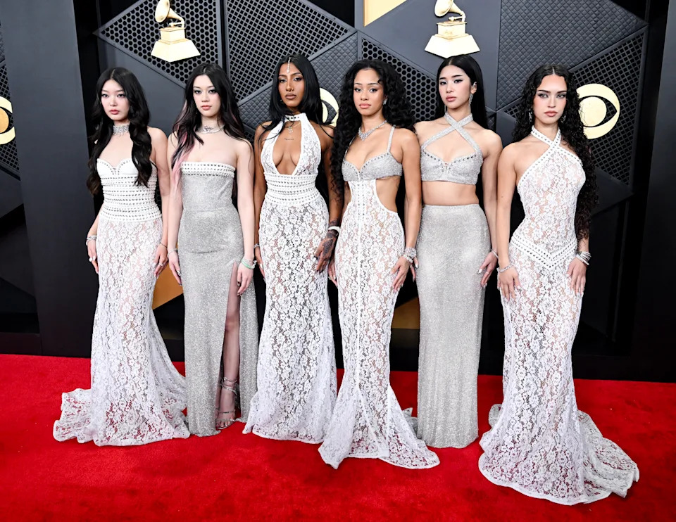 Yoonchae Jeong, Megan Skiendiel, Lara Raj, Manon Bannerman, Sophia Laforteza and Daniela Avanzini of KATSEYE at the 68th GRAMMY Awards held at the Crypto.com Arena on February 01, 2026 in Los Angeles, California. (Photo by Gilbert Flores/Billboard via Getty Images)