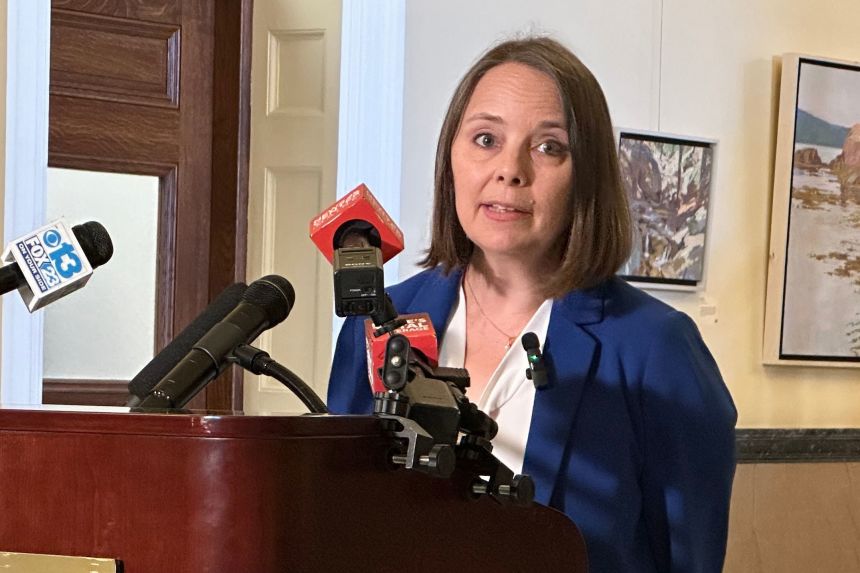 Maine Secretary of State Shenna Bellows speaks at a news conference on Monday, October 6, 2025 at the Maine State House in Augusta.