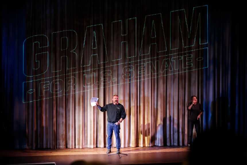 Democratic Maine Senate candidate Graham Platner speaks at a town hall in Ogunquit, Maine, in October 2025.