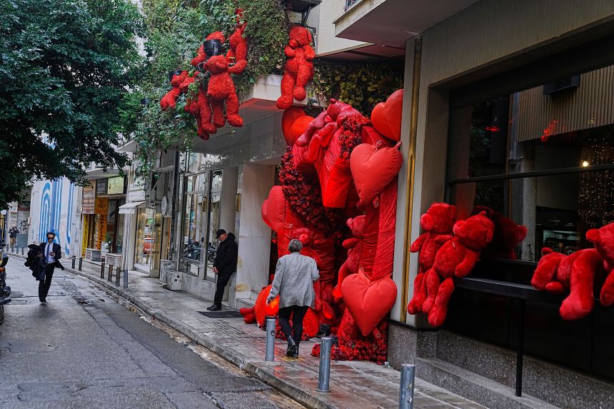 Decorations adorn the hotel in Athens, Monday, Feb. 16, 2026, where Israeli television producer Dana Eden was found dead on Sunday while in the country filming the fourth season of the series