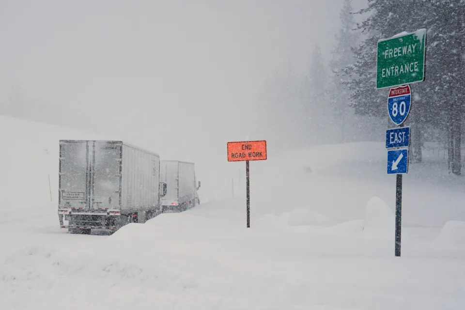 Heavy snow forced the closure of Interstate 80 near Truckee, Calif., Tuesday.