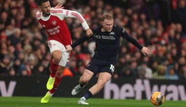 William Saliba of Arsenal and Joe Taylor of Wigan Athletic during the Emirates FA Cup Fourth Round match between Arsenal and Wigan Athletic on Febr...