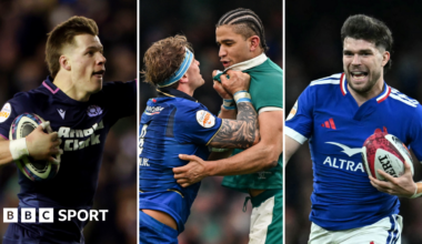 Huw Jones, Cormac Izuchukwu and Matthieu Jalibert side by side in a composite image