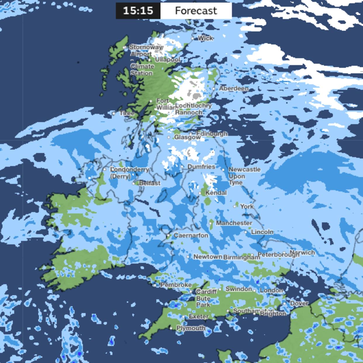 This map shows precipitation over the UK for 3pm on Friday (6 February), where the lighter blue colour indicates the most rain. 