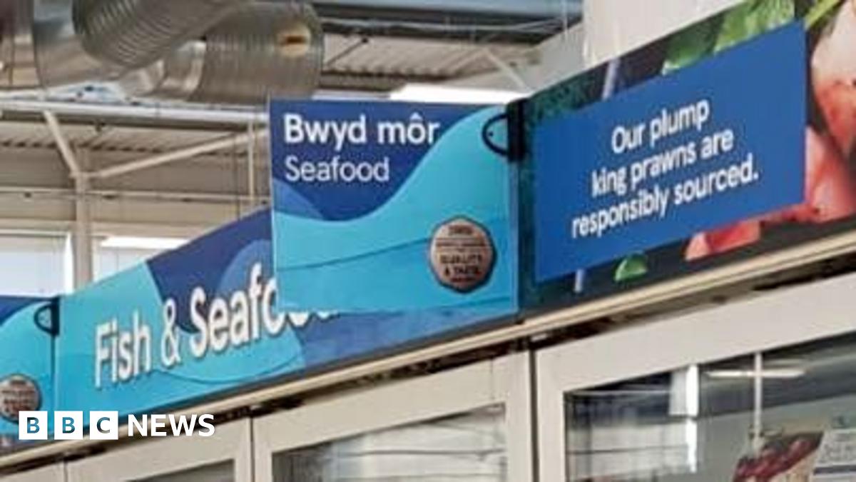The fish and seafood frozen aisle in Helston Tesco with glass cabinets full of bags and boxes of food. The sign reads 'bwyd môr' and underneath 'seafood'. The secondary sign behind it reads 'pysgod' and underneath it 'fish'.