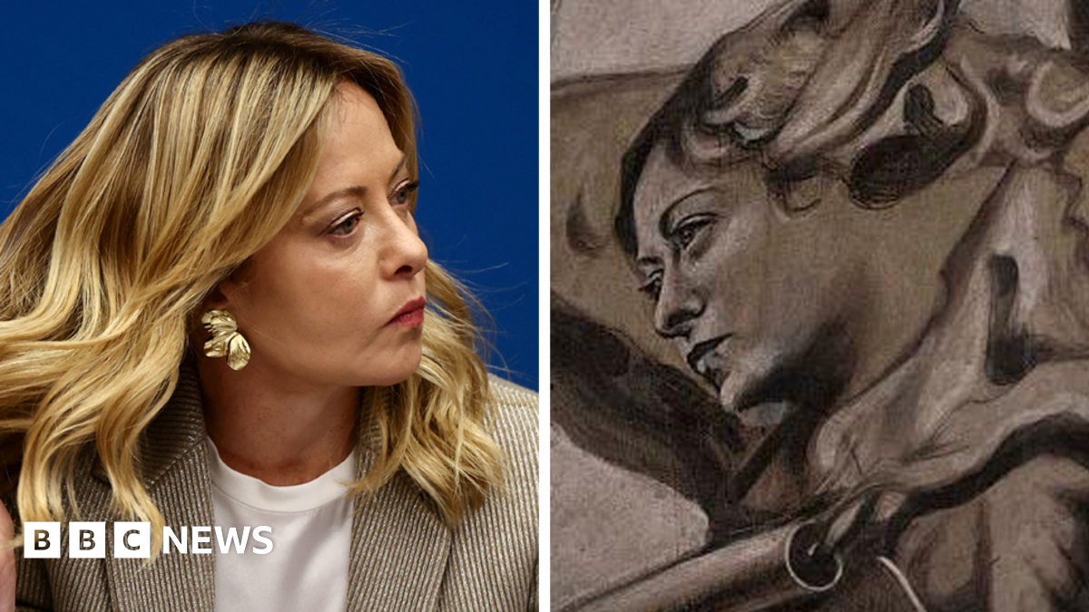A split image of Giorgia Meloni and a close-up shot of the fresco. Meloni has short blonde hair and wears a large gold earring, a white t-shirt and a striped blazer. The fresco shows a woman's face, resembling Meloni, painted in black and grey.